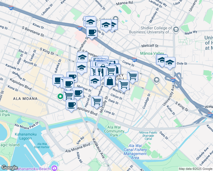 map of restaurants, bars, coffee shops, grocery stores, and more near 909 Pumehana Street in Honolulu