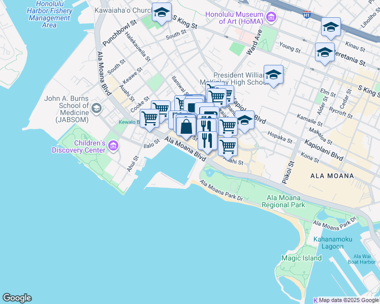 map of restaurants, bars, coffee shops, grocery stores, and more near 1085 Ala Moana Boulevard in Honolulu