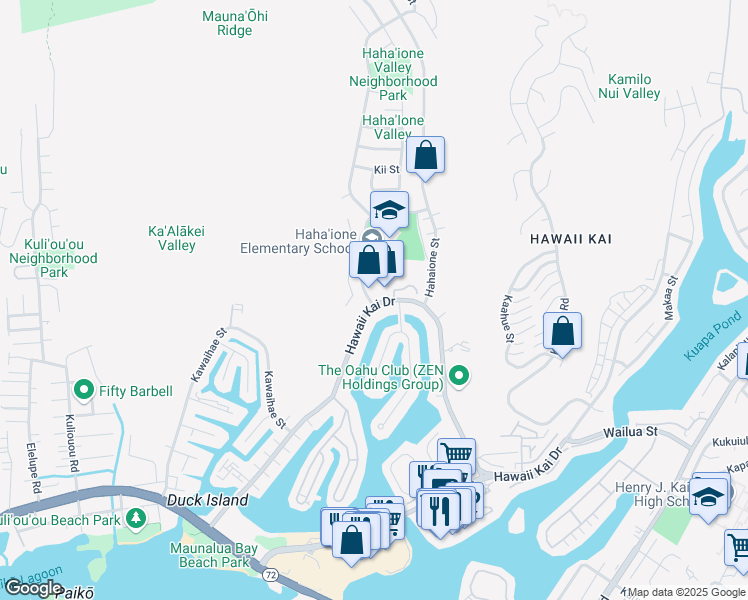 map of restaurants, bars, coffee shops, grocery stores, and more near 6650 Hawaii Kai Drive in Honolulu