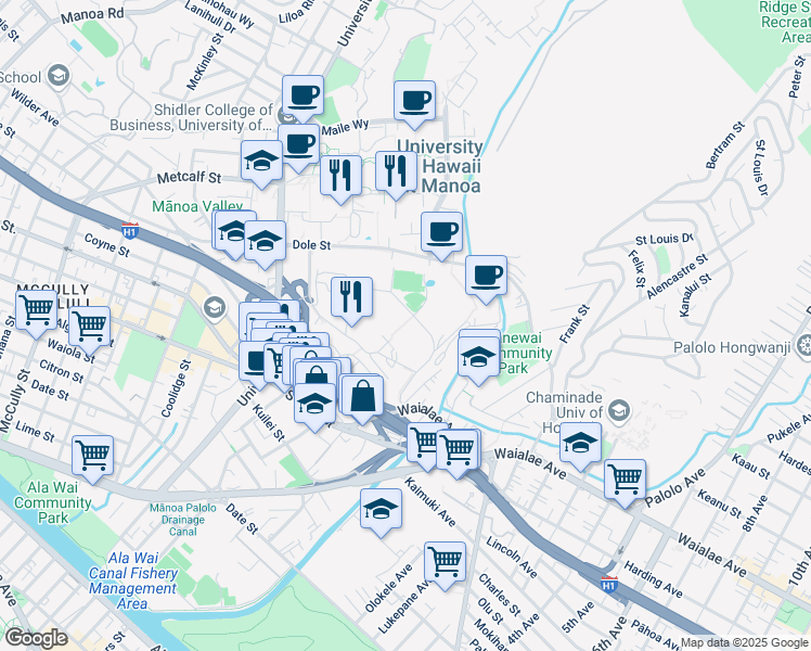 map of restaurants, bars, coffee shops, grocery stores, and more near 1105 Lower Campus Road in Honolulu