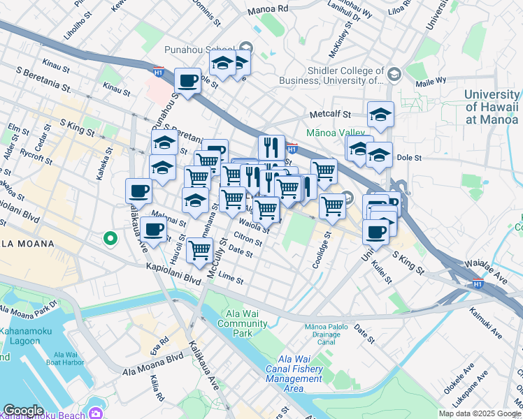 map of restaurants, bars, coffee shops, grocery stores, and more near 2122 Algaroba Street in Honolulu