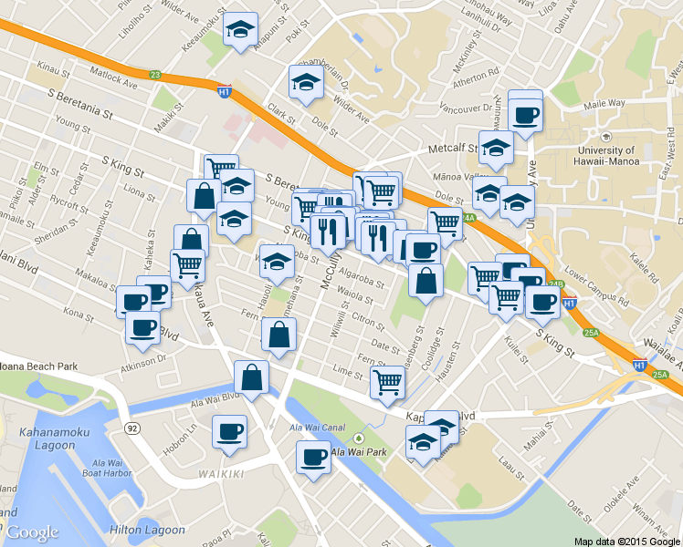 map of restaurants, bars, coffee shops, grocery stores, and more near 2016 Algaroba Street in Honolulu