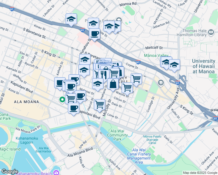 map of restaurants, bars, coffee shops, grocery stores, and more near 909 Pumehana Street in Honolulu