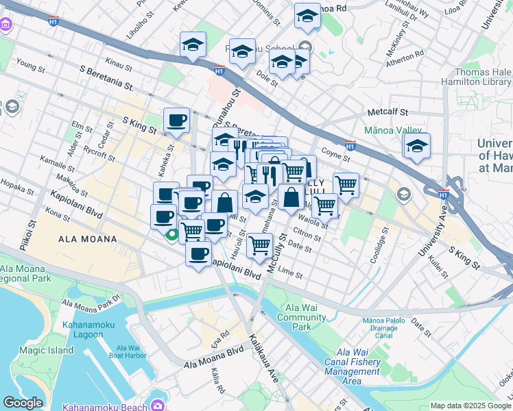 map of restaurants, bars, coffee shops, grocery stores, and more near 1807 Waiola Street in Honolulu