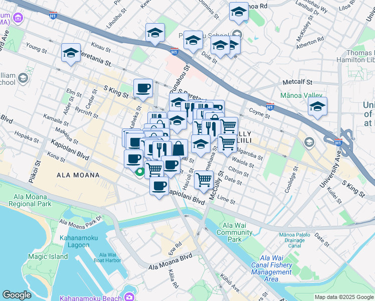 map of restaurants, bars, coffee shops, grocery stores, and more near 834 Lokahi Street in Honolulu
