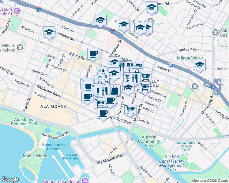 map of restaurants, bars, coffee shops, grocery stores, and more near 834 Lokahi Street in Honolulu