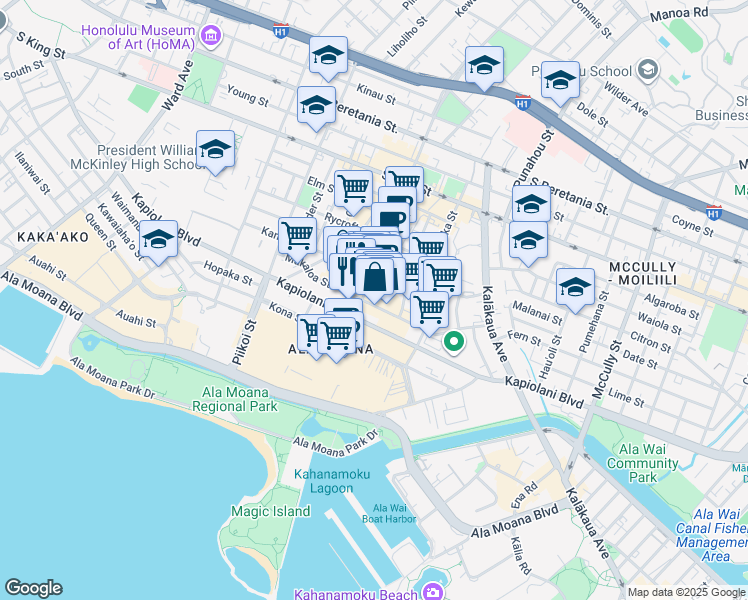 map of restaurants, bars, coffee shops, grocery stores, and more near 1518 Makaloa Street in Honolulu