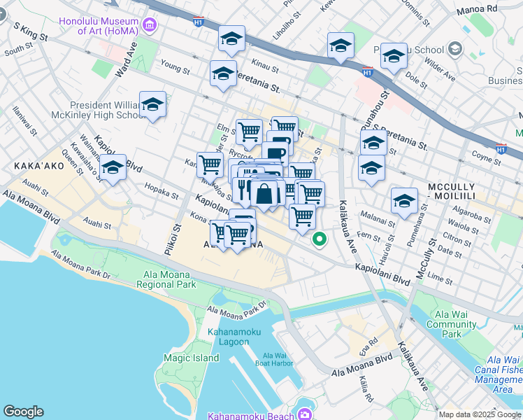 map of restaurants, bars, coffee shops, grocery stores, and more near 631 Ke’eaumoku Street in Honolulu