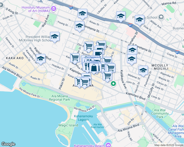 map of restaurants, bars, coffee shops, grocery stores, and more near 631 Ke’eaumoku Street in Honolulu