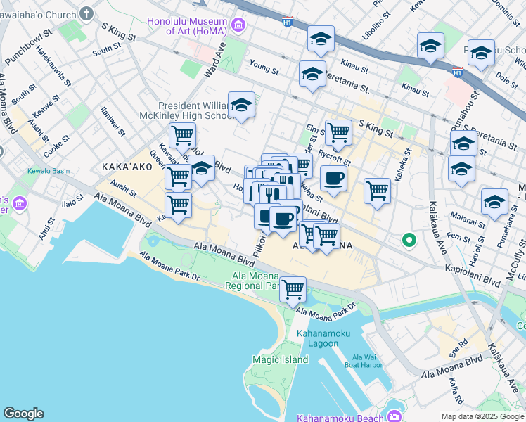 map of restaurants, bars, coffee shops, grocery stores, and more near 506 Piikoi Street in Honolulu