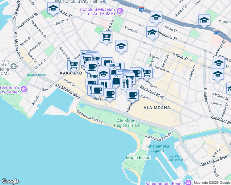 map of restaurants, bars, coffee shops, grocery stores, and more near 1177 Queen Street in Honolulu