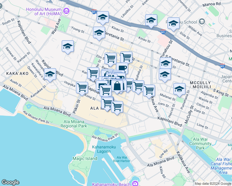 map of restaurants, bars, coffee shops, grocery stores, and more near 631 Ke’eaumoku Street in Honolulu