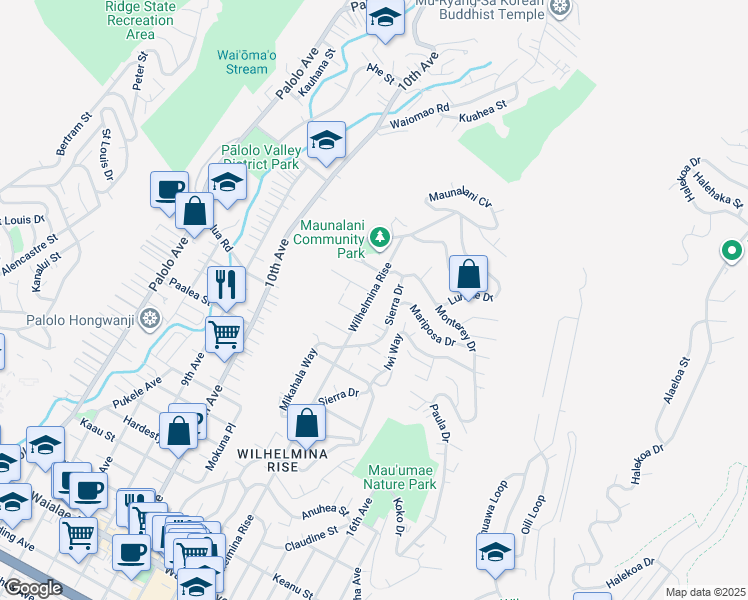 map of restaurants, bars, coffee shops, grocery stores, and more near 1965 Wilhelmina Rise in Honolulu