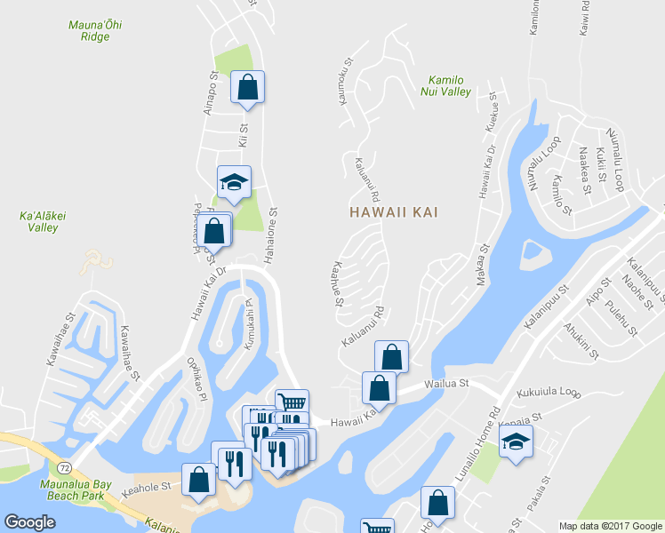map of restaurants, bars, coffee shops, grocery stores, and more near 930 Kaahue Street in Honolulu