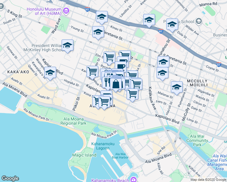 map of restaurants, bars, coffee shops, grocery stores, and more near 631 Ke’eaumoku Street in Honolulu