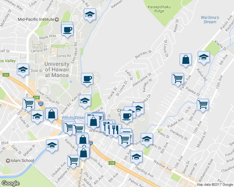 map of restaurants, bars, coffee shops, grocery stores, and more near 1430 Saint Louis Drive in Honolulu