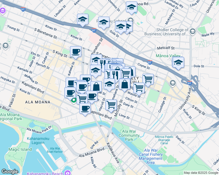 map of restaurants, bars, coffee shops, grocery stores, and more near 849 Hauʻoli Street in Honolulu