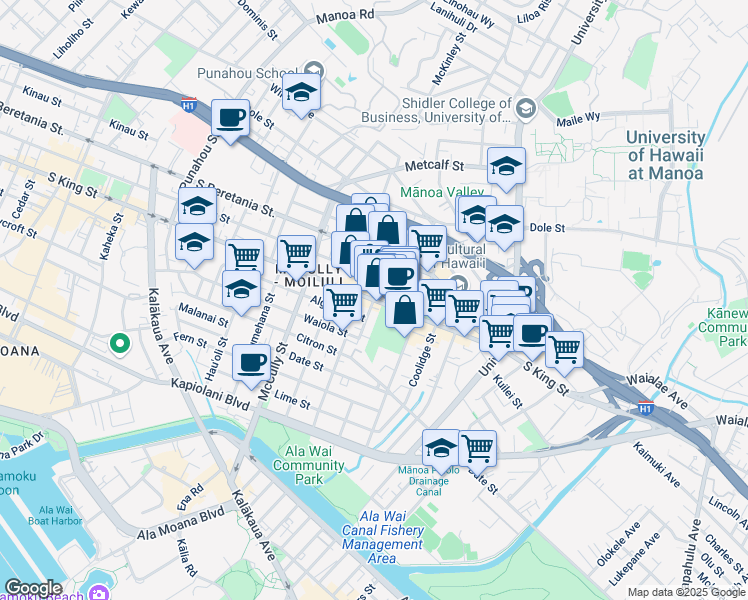 map of restaurants, bars, coffee shops, grocery stores, and more near South King Street & Makahiki Way in Honolulu