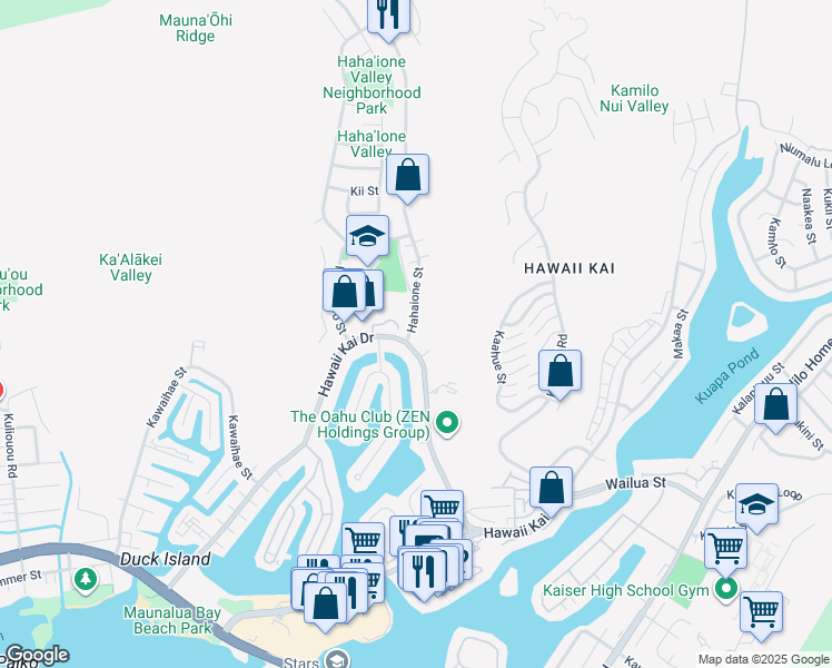 map of restaurants, bars, coffee shops, grocery stores, and more near 6685 Hawaii Kai Drive in Honolulu