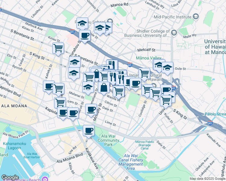 map of restaurants, bars, coffee shops, grocery stores, and more near 2016 Algaroba Street in Honolulu