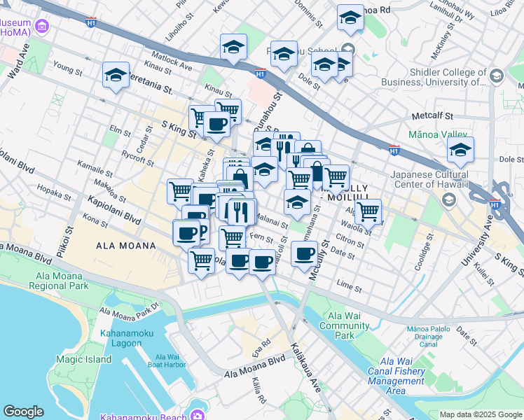 map of restaurants, bars, coffee shops, grocery stores, and more near 834 Lokahi Street in Honolulu