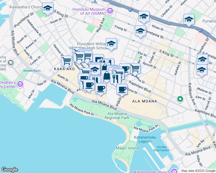 map of restaurants, bars, coffee shops, grocery stores, and more near 1177 Queen Street in Honolulu