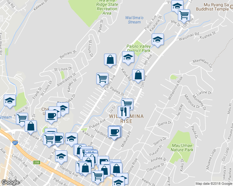 map of restaurants, bars, coffee shops, grocery stores, and more near 3349 Paalea Street in Honolulu