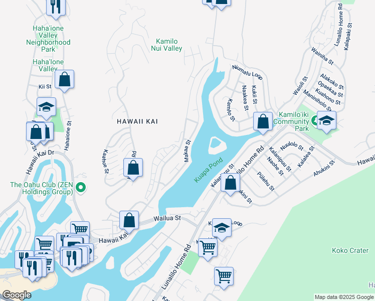 map of restaurants, bars, coffee shops, grocery stores, and more near 7265 Makaa Street in Honolulu