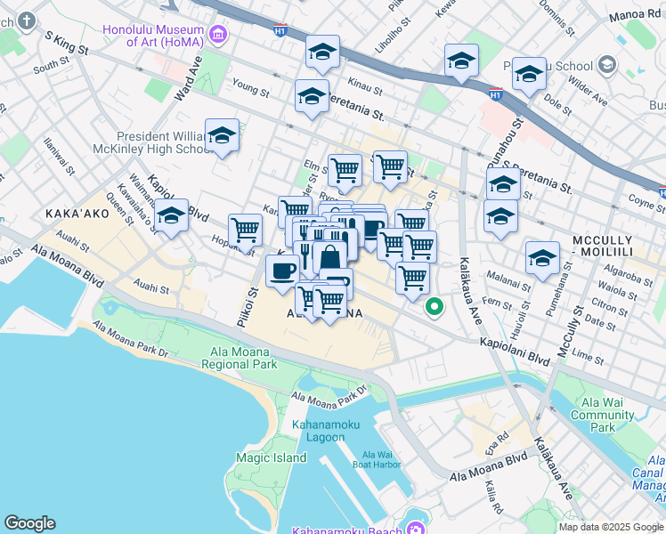 map of restaurants, bars, coffee shops, grocery stores, and more near 1376 Kapiolani Boulevard in Honolulu