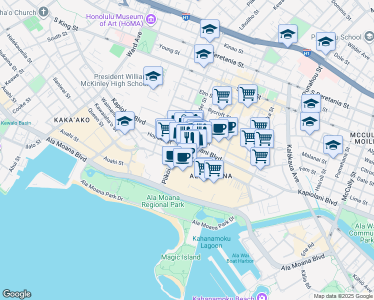 map of restaurants, bars, coffee shops, grocery stores, and more near 1347 Kapiolani Boulevard in Honolulu