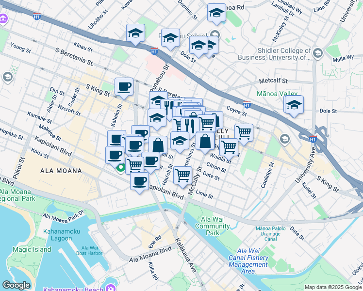 map of restaurants, bars, coffee shops, grocery stores, and more near 1807 Waiola Street in Honolulu