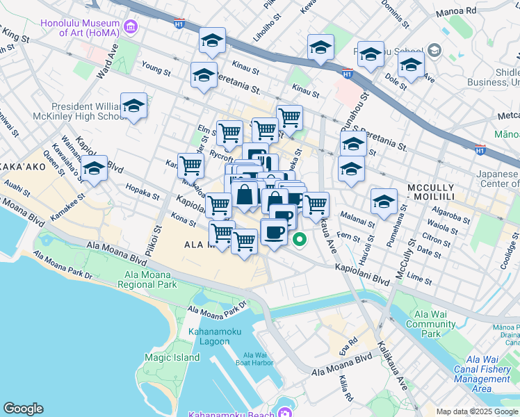 map of restaurants, bars, coffee shops, grocery stores, and more near 750 Amana Street in Honolulu