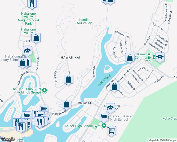 map of restaurants, bars, coffee shops, grocery stores, and more near 7190 Hawaii Kai Drive in Honolulu