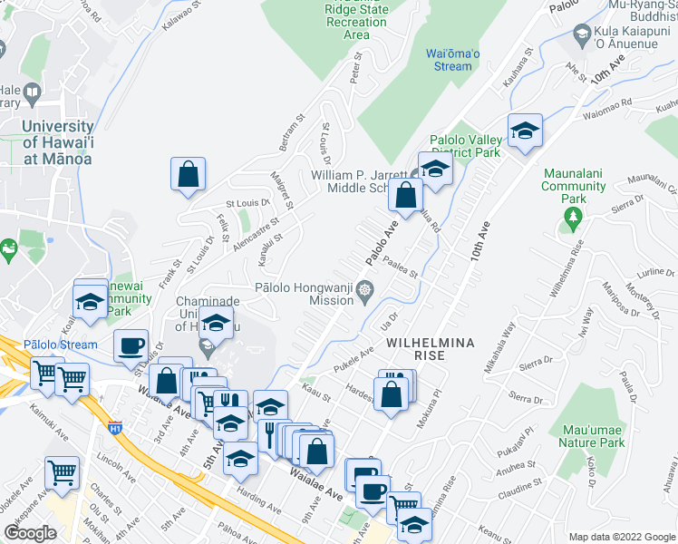 map of restaurants, bars, coffee shops, grocery stores, and more near 3266 Uilani Place in Honolulu