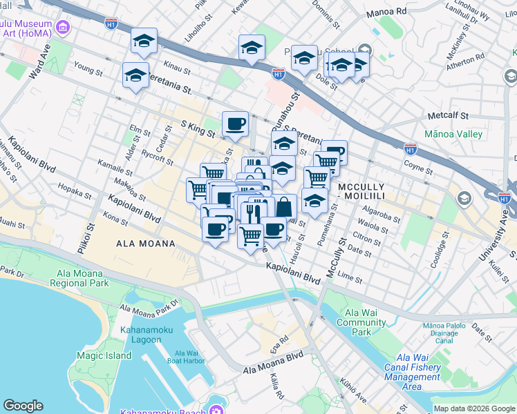 map of restaurants, bars, coffee shops, grocery stores, and more near 1607 Pualoke Place in Honolulu