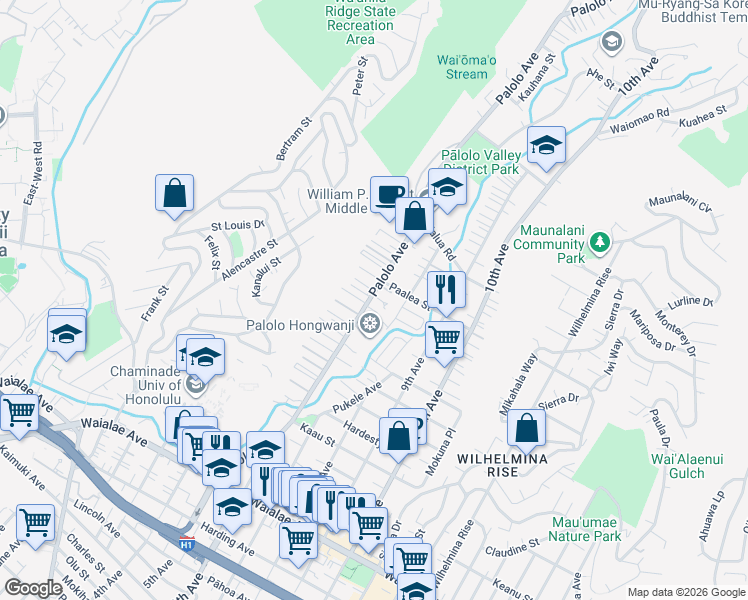 map of restaurants, bars, coffee shops, grocery stores, and more near 1717 Palolo Avenue in Honolulu