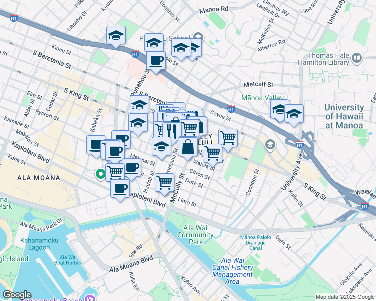 map of restaurants, bars, coffee shops, grocery stores, and more near 909 Pumehana Street in Honolulu