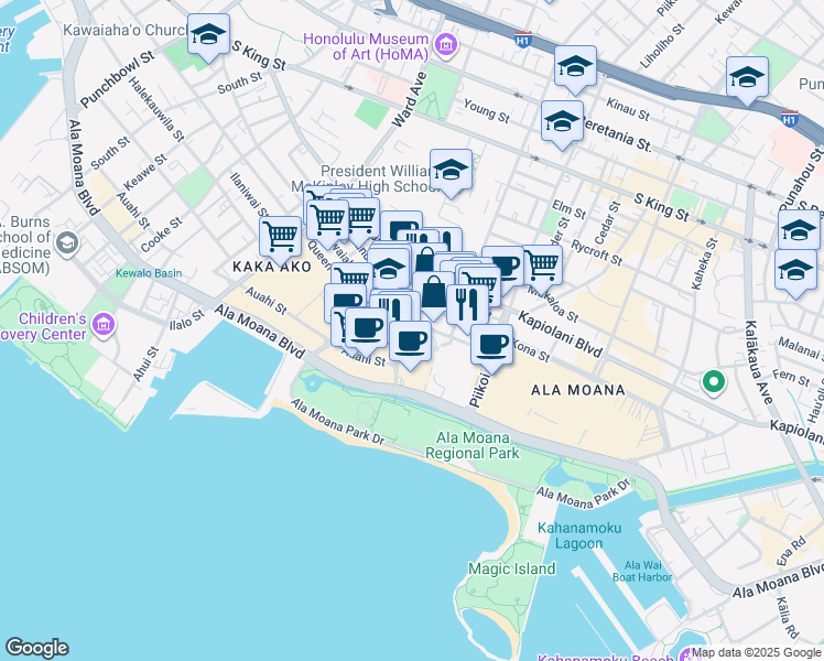 map of restaurants, bars, coffee shops, grocery stores, and more near 1177 Queen Street in Honolulu