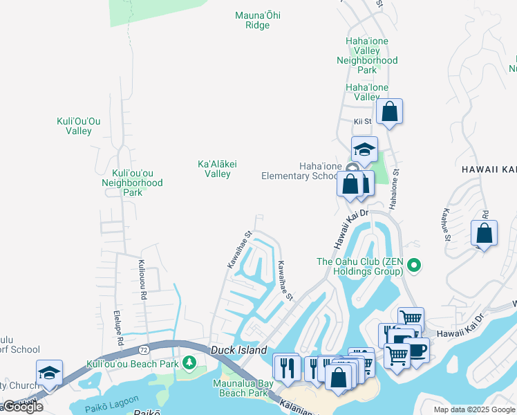 map of restaurants, bars, coffee shops, grocery stores, and more near 428 Kawaihae Street in Honolulu