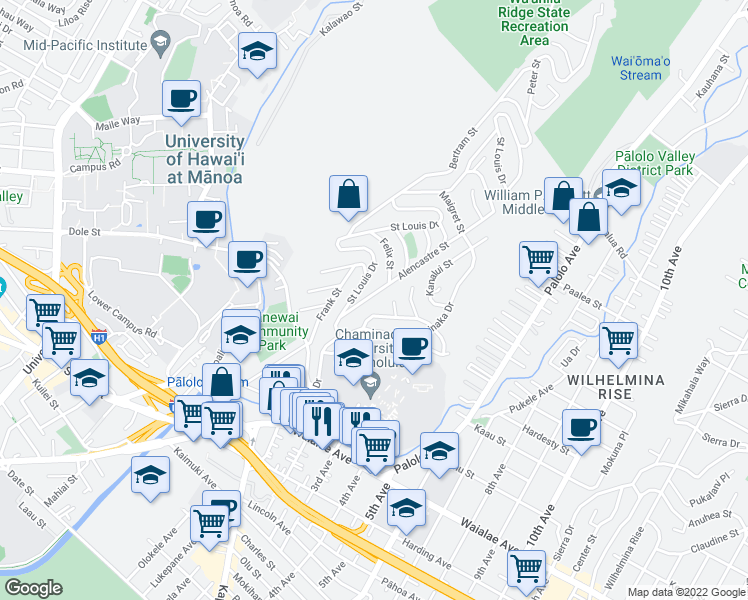 map of restaurants, bars, coffee shops, grocery stores, and more near 1465 Alencastre Street in Honolulu