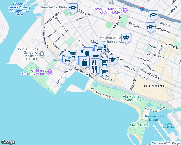 map of restaurants, bars, coffee shops, grocery stores, and more near 1100 Ala Moana Boulevard in Honolulu