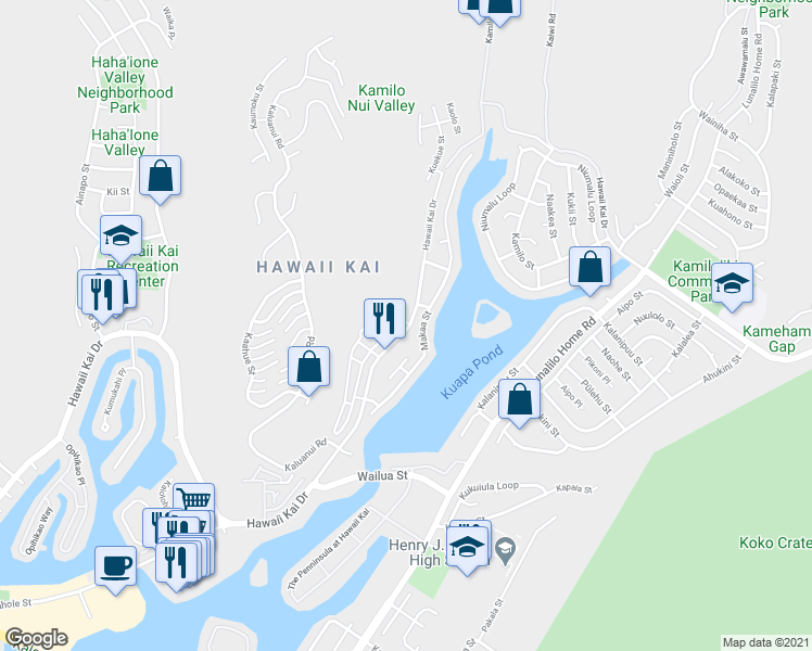 map of restaurants, bars, coffee shops, grocery stores, and more near 7265 Makaa Street in Honolulu