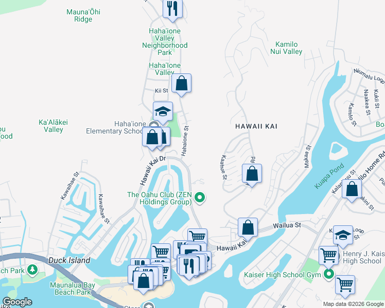 map of restaurants, bars, coffee shops, grocery stores, and more near 521 Hahaione Street in Honolulu