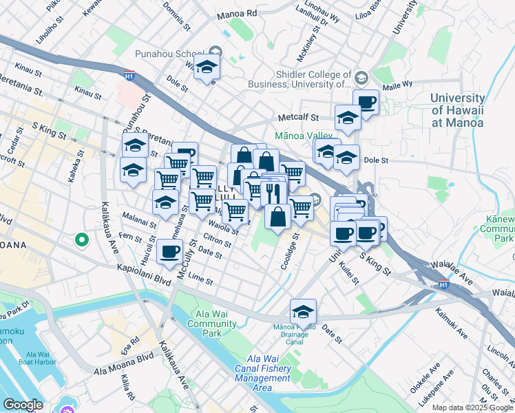 map of restaurants, bars, coffee shops, grocery stores, and more near 2220 South King Street in Honolulu