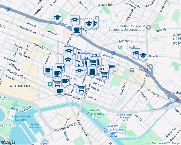 map of restaurants, bars, coffee shops, grocery stores, and more near 909 Pumehana Street in Honolulu