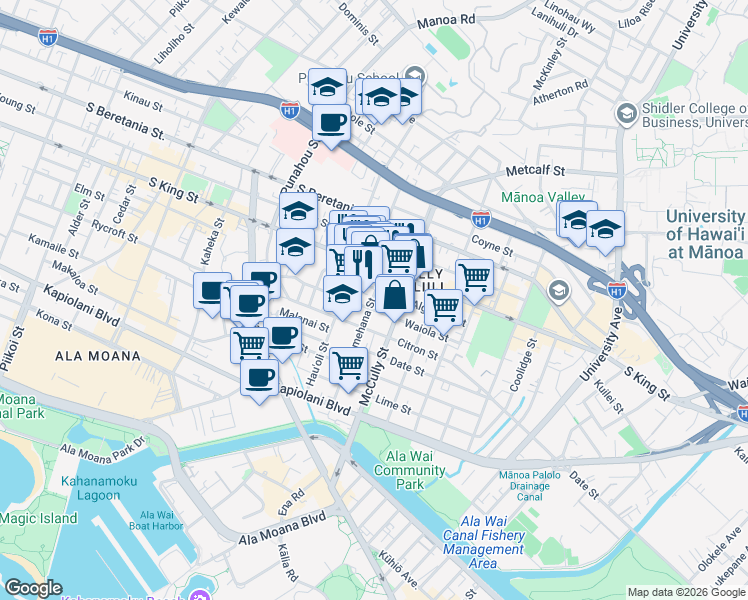 map of restaurants, bars, coffee shops, grocery stores, and more near 909 Pumehana Street in Honolulu
