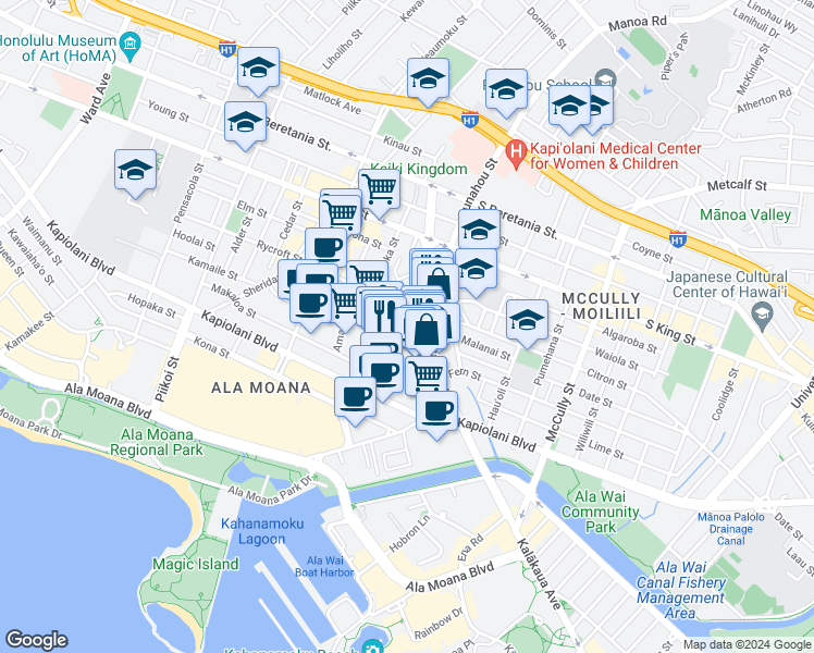 map of restaurants, bars, coffee shops, grocery stores, and more near 1650 Kanunu Street in Honolulu