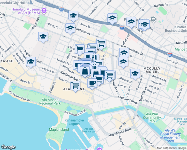 map of restaurants, bars, coffee shops, grocery stores, and more near 750 Amana Street in Honolulu