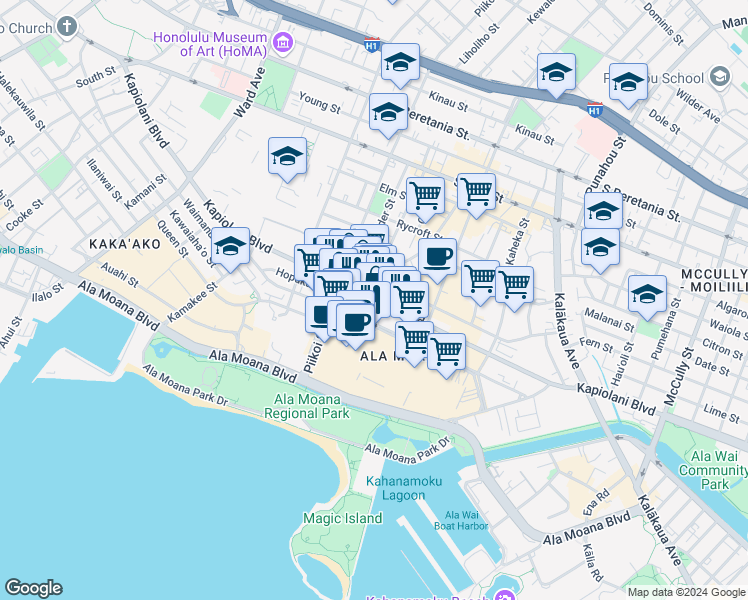 map of restaurants, bars, coffee shops, grocery stores, and more near 1347 Kapiolani Boulevard in Honolulu