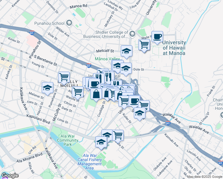 map of restaurants, bars, coffee shops, grocery stores, and more near 2450 South Beretania Street in Honolulu